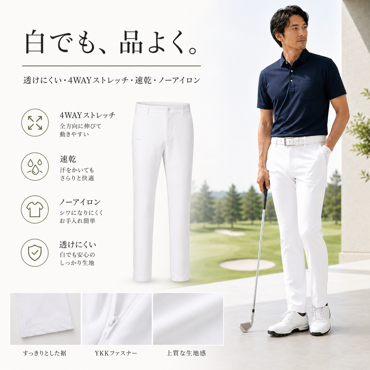 EAGEGOF メンズ ホワイト ゴルフパンツ｜透けにくい 4WAYストレッチ 速乾 ノーアイロン
